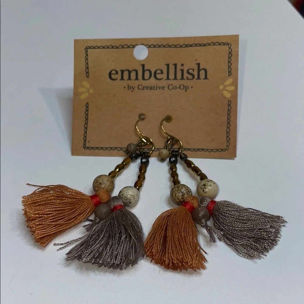 Creative Co-Op Beaded Brown and Gray Tassel Earrings 2” NWT
